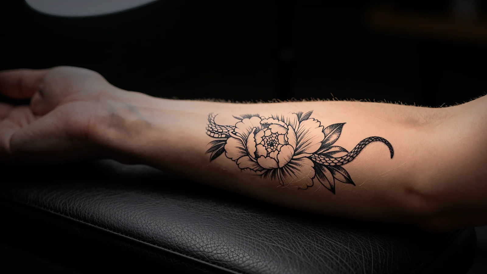Tatuagem pronta sob a luz do estúdio